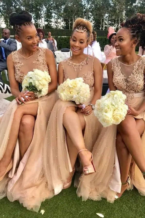 

Champagne Split Long Bridesmaids Dresses Sheer Neck with Pearls beaded Maid of Honor gowns Appliques Lace Country Wedding