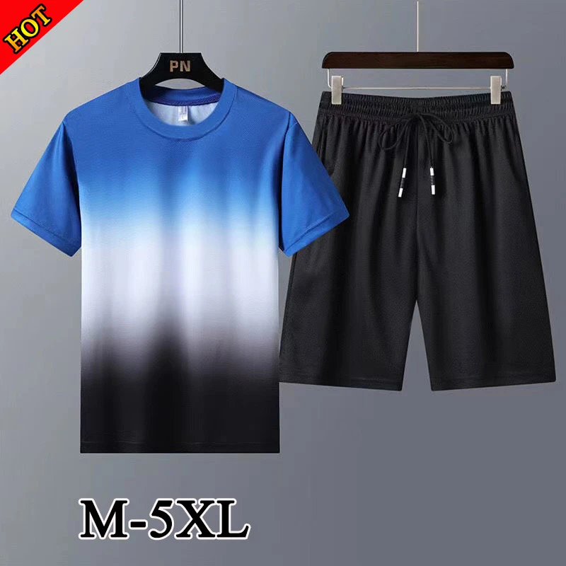 

Tracksuit Men Summer Short Sleeve Casual Tshirt Shorts Mens Sweatsuit 2PC Tee Tops+Sweatpant Male Set Moleton Masculino 3XL 4XL