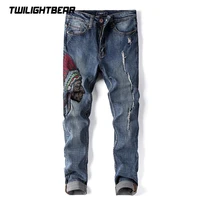 new mens jeans oversized denim pant high quality indians embroider retro ripped streetwear straight jeans men clothing bf1701