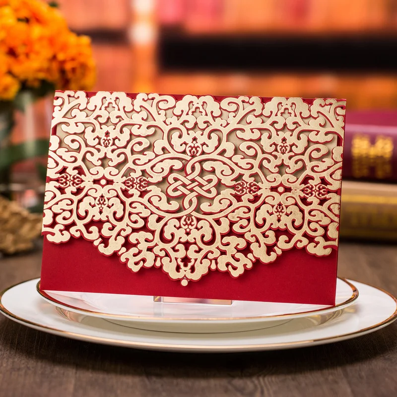 

50pcs Red Floral Laser Cut Wedding Invitations with Envelope for Bridal Shower Baby Shower Birthday Graduation Wedding Supplies