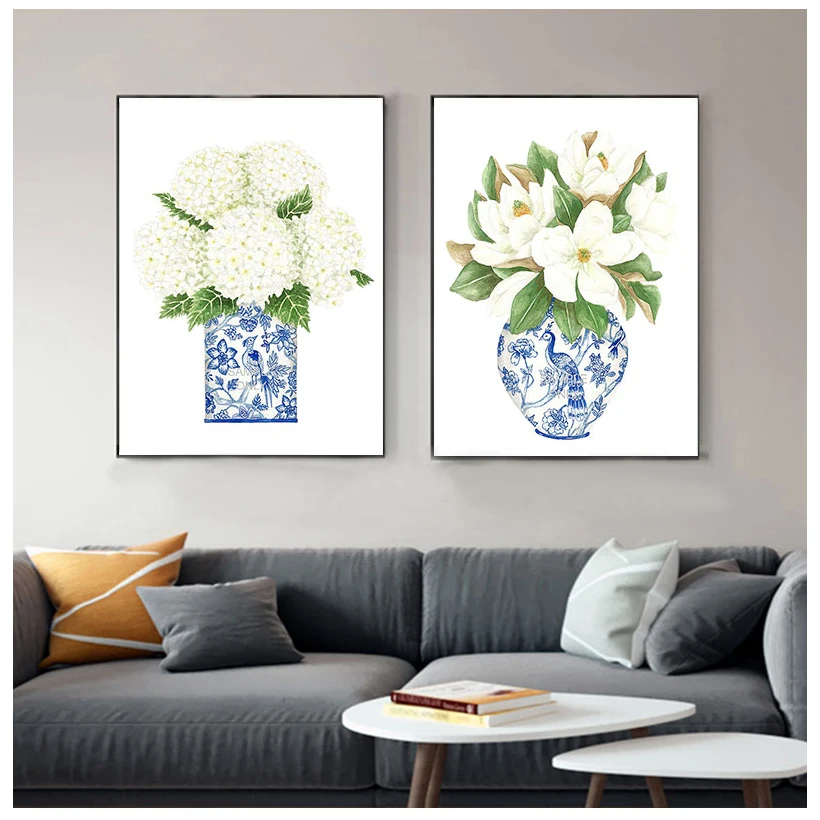 Сине-белая китайская Магнолия Гортензия принты Художественная Картина на холсте