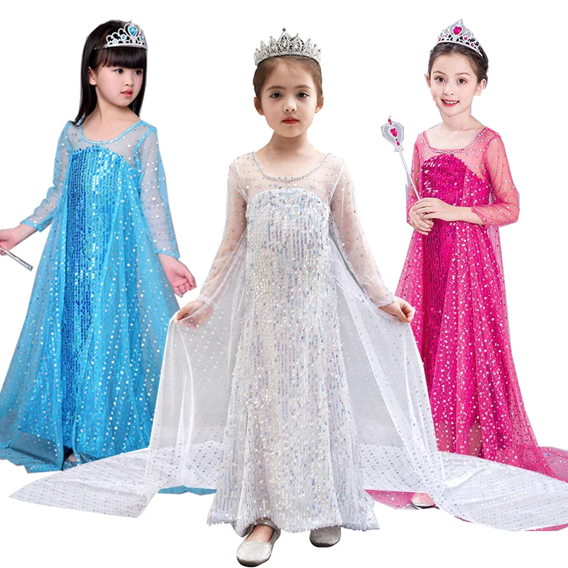 

Girls Elsa Dresses Sequins Snow Queen Princess Dress Baby Summer Elegant Cosplay Costume Kid Birthday Party Gown Fantasy Vestido