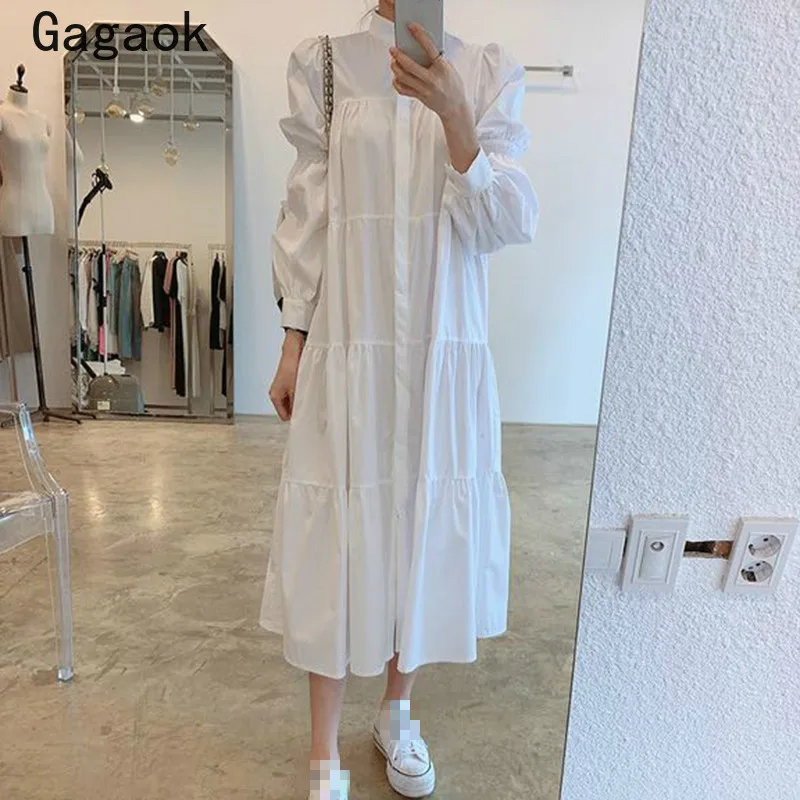 Женское офисное платье Gagaok однотонное прямое свободного кроя с пышными рукавами