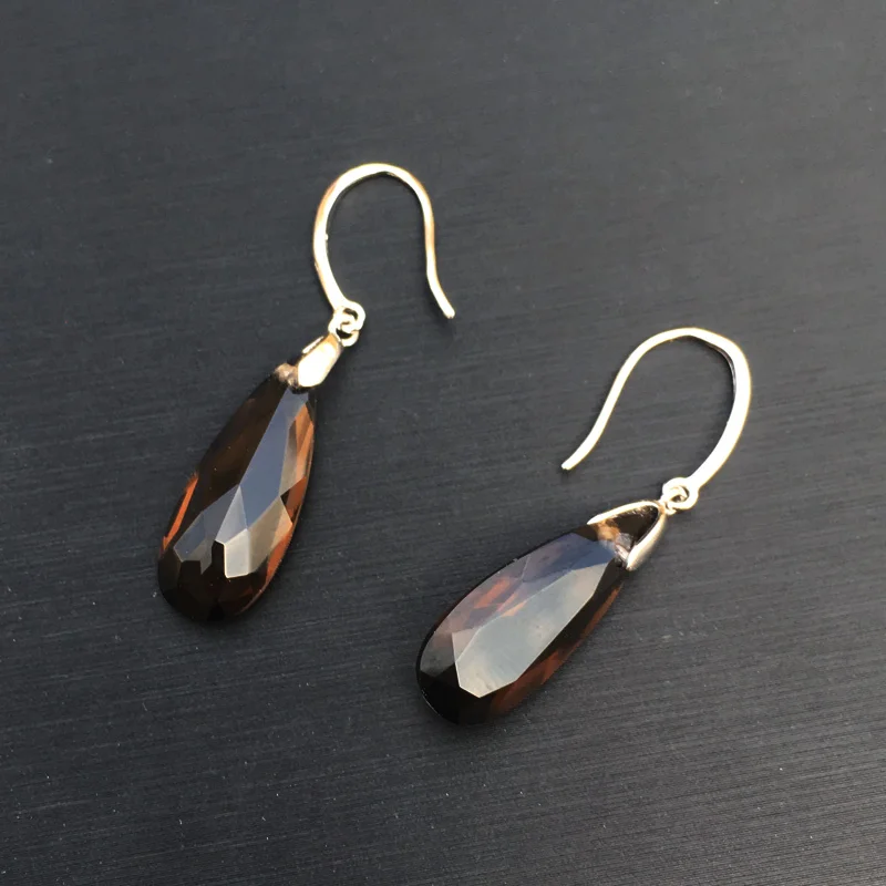 Женские серьги с дымчатым кварцем CSJ серебро 925 пробы 9*22 мм 11 карат | Украшения и