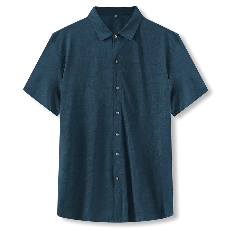 

Summer 2021 new men's fat plus size square neck stripe short sleeve shirt men's silk short sleeve shirt