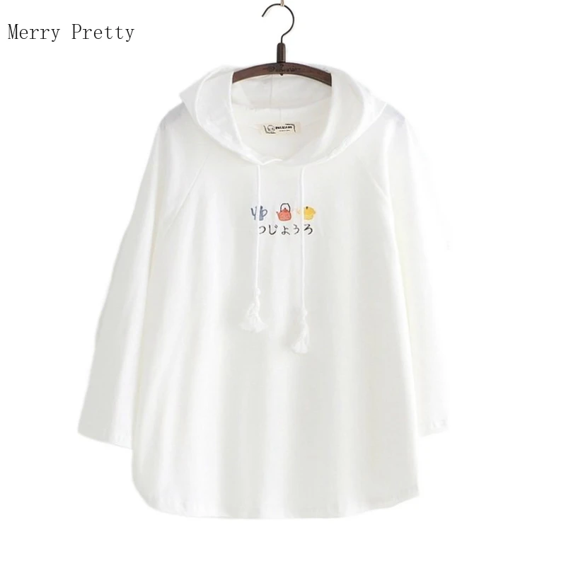 

Batwing Sleeve Cotton Capes Hoodies For Women White Cartoon Embroidery Hooded Sweatshirts 2021 Summer New Pullover Tops