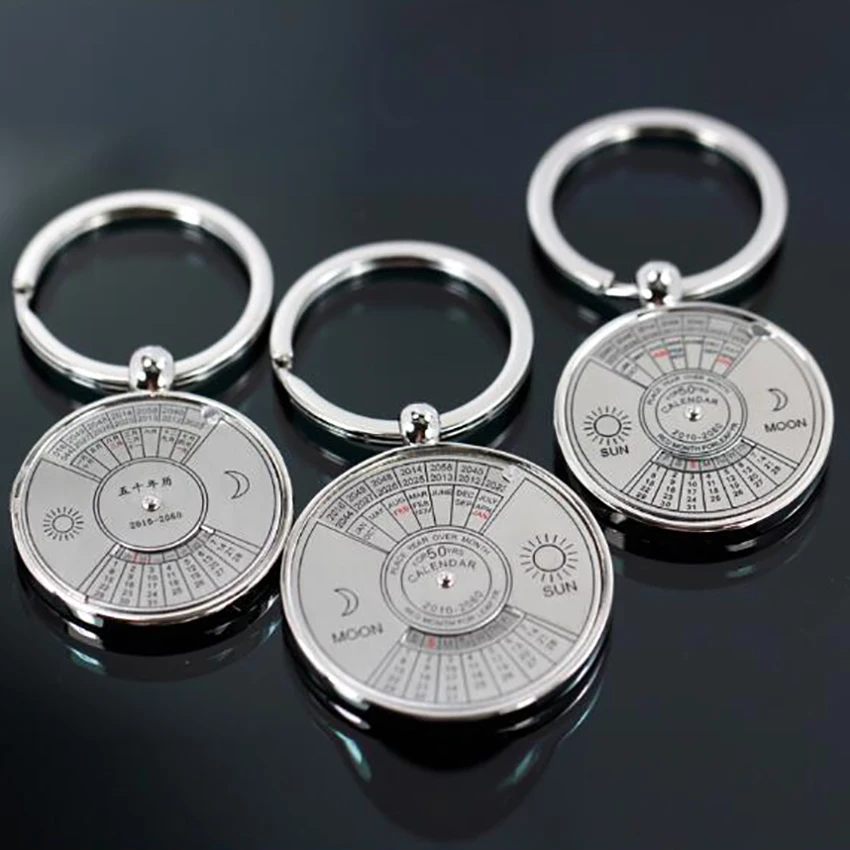 

1PC Mini Perpetual Calendar 2019 Keychains Unique Metal Keyring Sun Moon Carving 2010 to 2060 Calendar Key Ring Customize LOGO