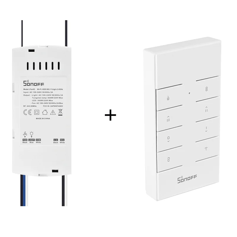 combination1 Интеллектуальный выключатель света SONOFF RM433 8-кнопка таможенного контроля мгц радиочастотный пульт дистанционного управления с SONOFF iFAN03 РЧ пульт дистанционного управления Переключатель вентилятора - Комплект: combination1
