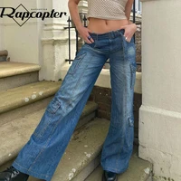 rapcopter y2k big pockets jeans sashes low waisted denim pants vintage straight casual baggy trousers women blue punk jeans 90s