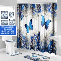 blue butterfly 180x180cm waterproof flowers shower curtain sets non slip rugs toilet lid cover and bath mat