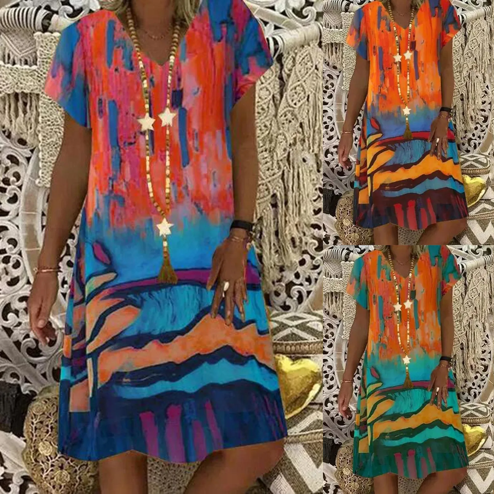 

Женское платье 2021, летнее Повседневное платье с принтом в стиле бохо, свободное мини-платье с V-образным вырезом и большими рукавами, новое ж...