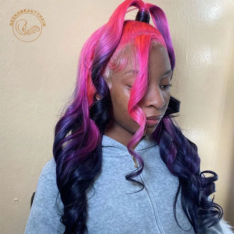 Парик из натуральных человеческих волос с эффектом омбре розовый фиолетовый