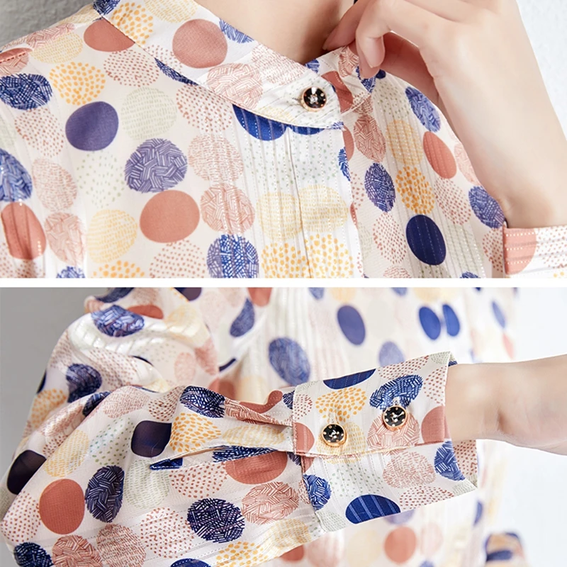 

Fashion Color Ladies Work Polka Dot Chiffon Shirt Women Blouse Long Sleeve Stand Collar Striped Shirt Female Casual Basic Tops