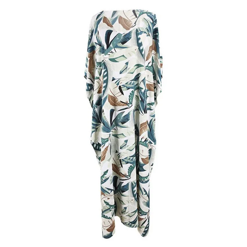 

Tunic For The Beach Pareo Women Kaftan Dress Beachwear Cotton White Bottom Leaf Print Skirt Loose Sun Proof Shirt Pop Polyester