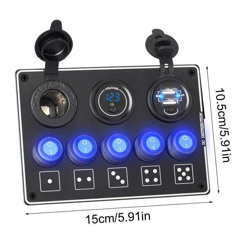 

5 Gang Rocker Dual USB Charger LED Volmeter with Switch 12V Outlet Pre-Wired Switch Panel for Car Truck Boat Marine SUV