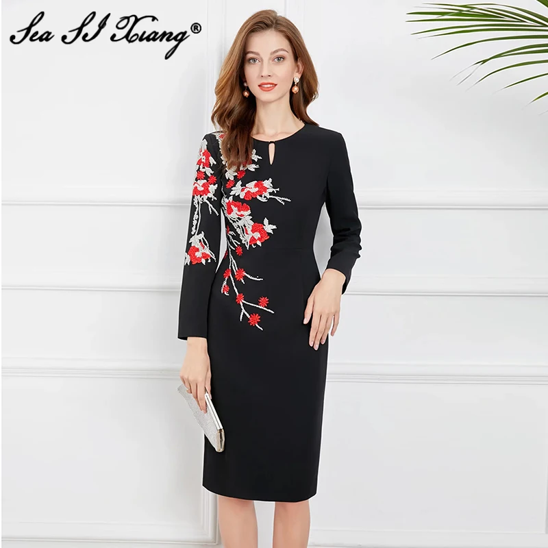 

Seasixiang Fashion Designer Autumn Pencil Dress Women O-Neck Long Sleeve Floral Embroidery Slim Package Buttocks Dresses