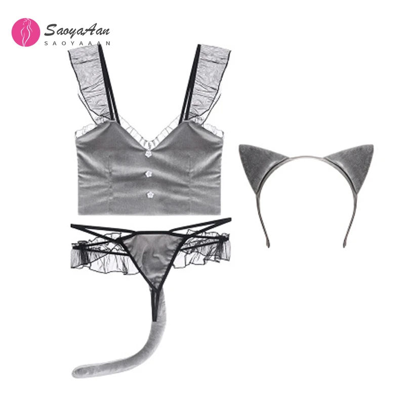 

New Women Sexy Lingerie Black Grey Velvet Kitty Cosplay Costumes Erotic 3pcs Hot French Maid Roleplay Uniform SM Suit For Couple