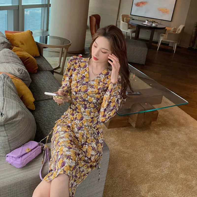 

Vintage Floral Mini Dress Women Casual V-Neck Office Lady Elegant Dress High Waist One Piece Dress Korean 2021 Summer Flower