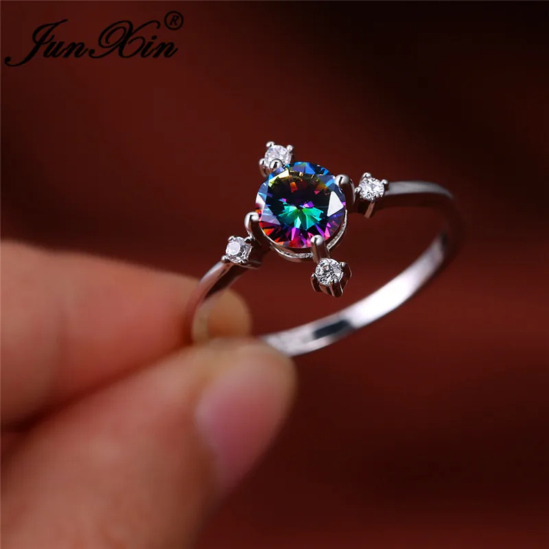 Mystic радужные огненные кристаллы Круглые камни кольца для женщин простой циркон