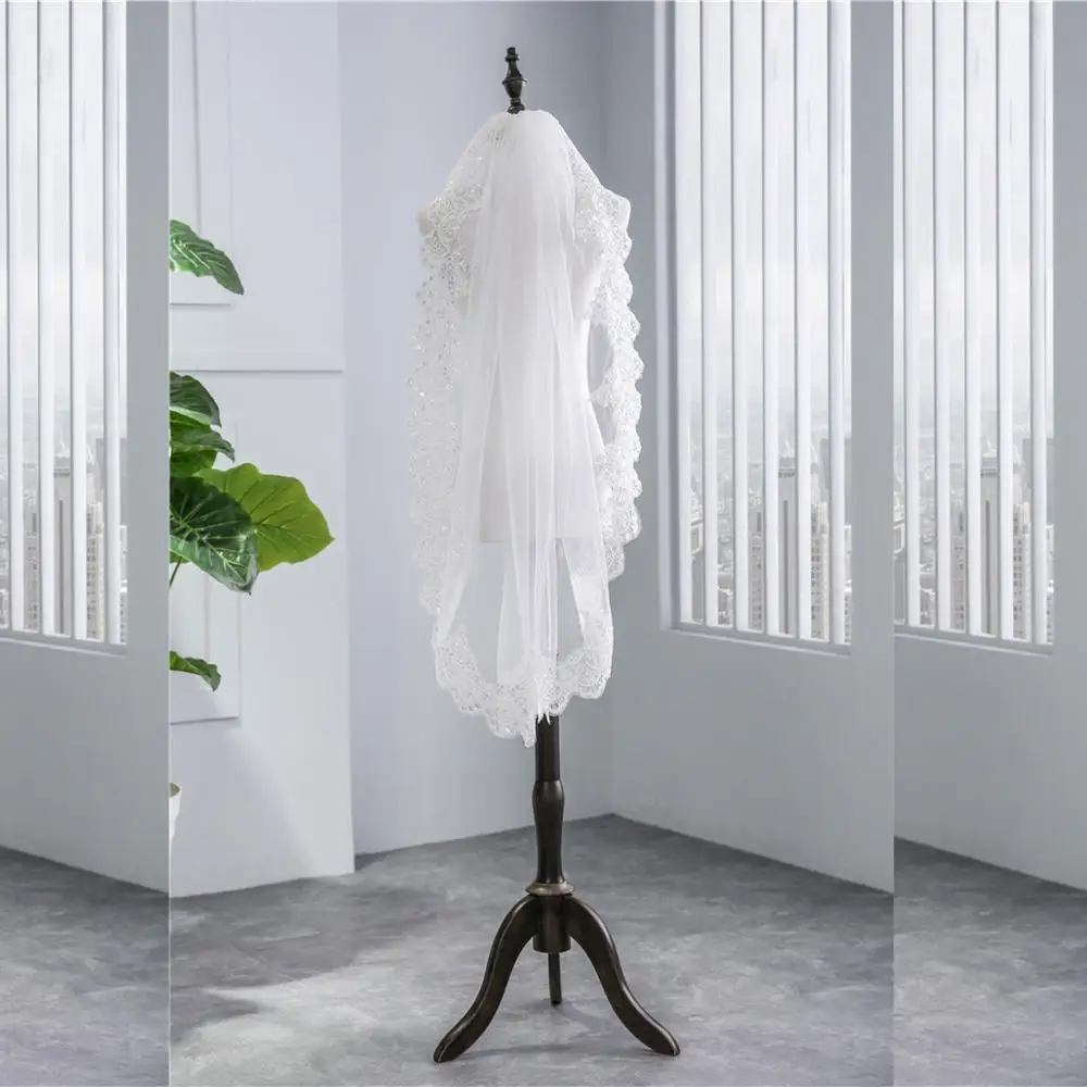 JaneVini один слой короткая свадебная вуаль белые пайетки Кружевная аппликация край