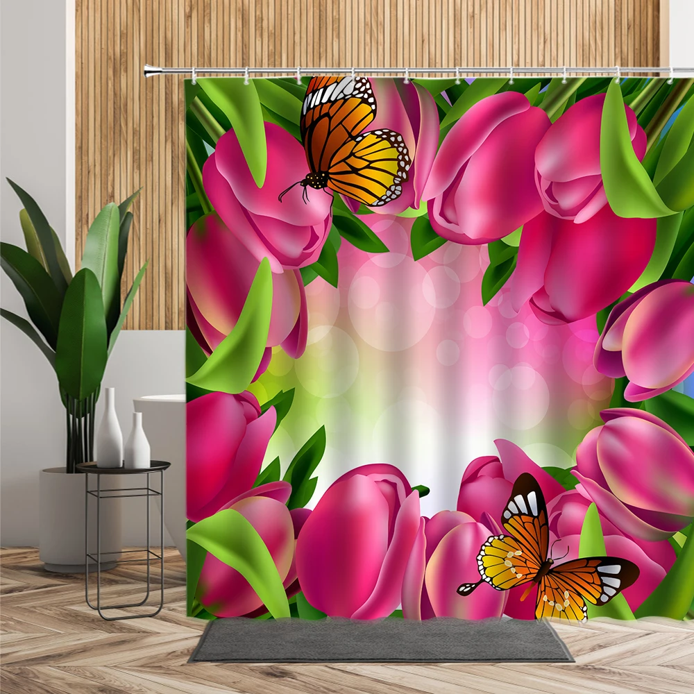 Весенняя занавеска для душа с 3D изображением бабочек и цветов красная фиолетовая