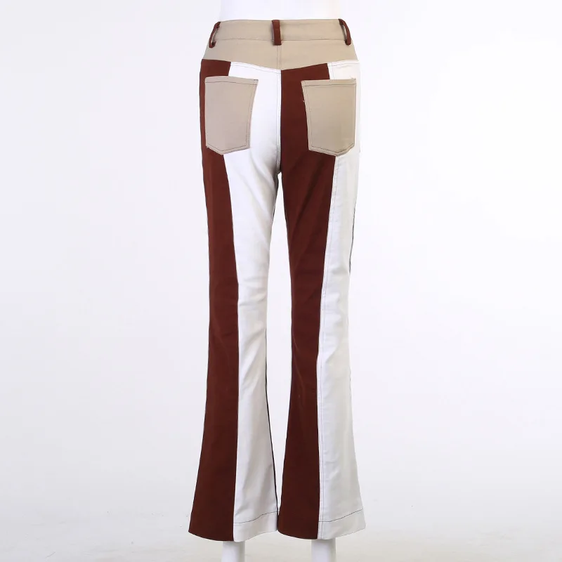 

ALLNeon 90s Aesthetics Patchwork Flare Pants Y2K Fashion High Waist Brown Jeans With Pockets Indie Outfits Slim Trousers Spring