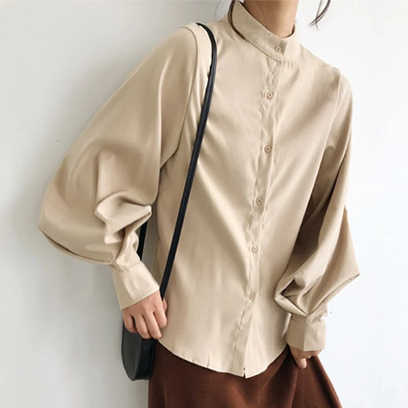 

Casual Button Up Shirt Lantern Sleeve Single Breasted Stand Collar Women's Elegant Blouses Working Clothes Solid Vintage Top