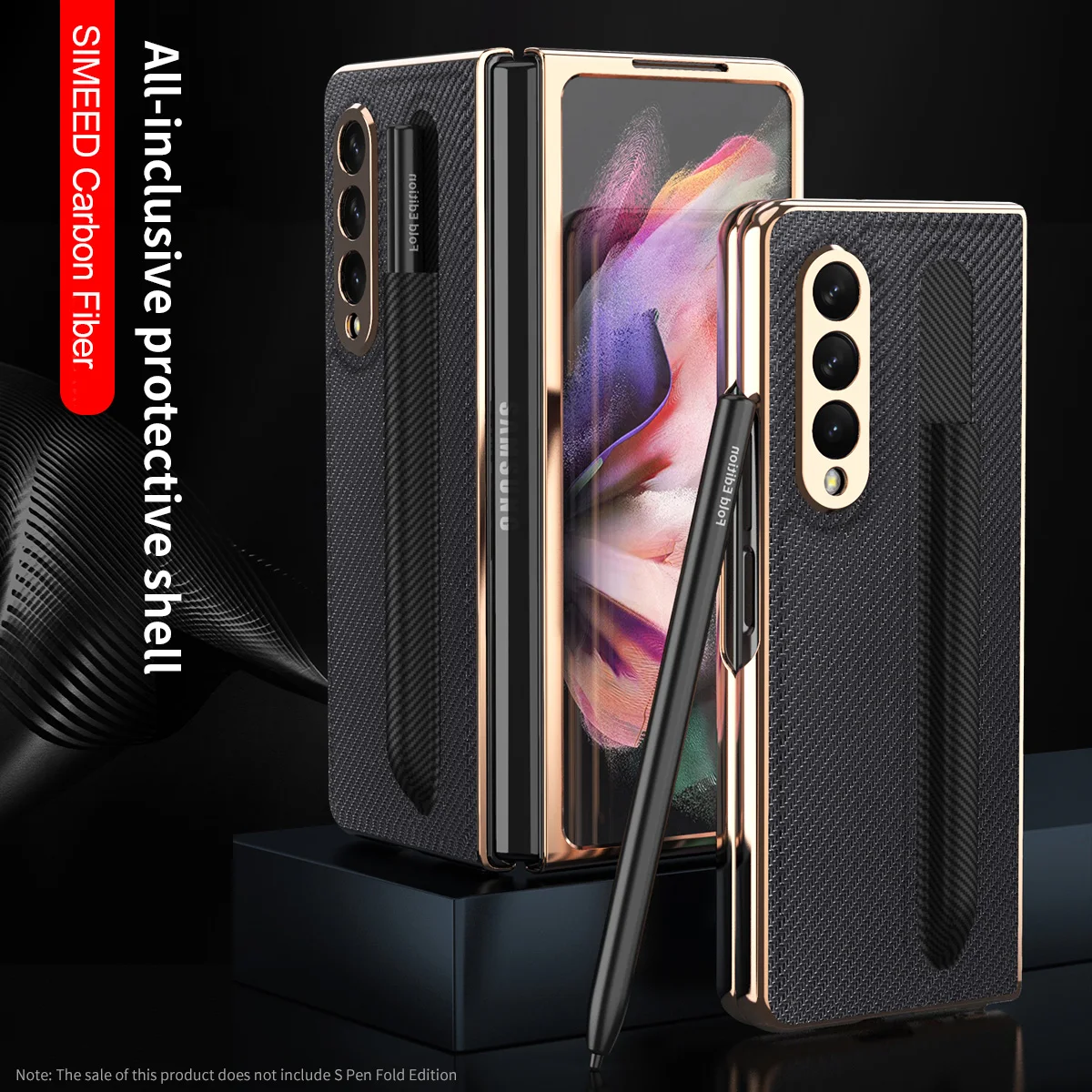 with front glass pen holder slot case for samsung galaxy z fold 3 fold3 5g case ultra thin carbon fiber leather phone cover capa free global shipping
