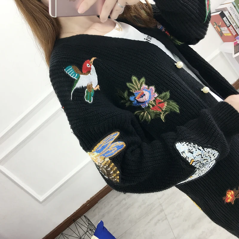 Women Sweaters And Pull European New Butterfly Flower Tiger Pattern Heavy Cardigan Medium Single Breasted Sweater Coat |