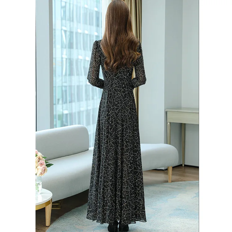 

Dress 2021 New Spring and Autumn Print Bottom Skirt Long-sleeved Broken Flowers Big Swing Long Skirt Large Size Women's Wear