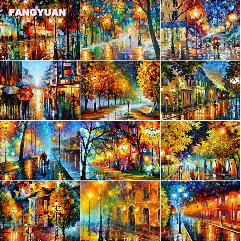 

Diamond Painting Kit Brightly Night View Oil Paintings Full Diamond Embroidery Cross Stitch Kits Needlework Rhinestones Handmade