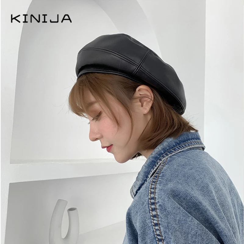 Модный плоский берет кепка для женщин повседневная шапка из искусственной кожи