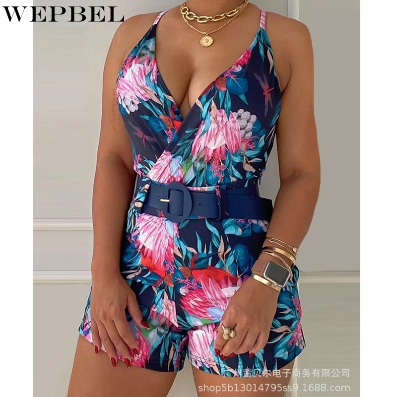 

WEPBEL Women's Sexy Floral Print Slim Suit Summer V-neck Backless Spaghetti Strap Top + High Waist Straight Shorts Suit
