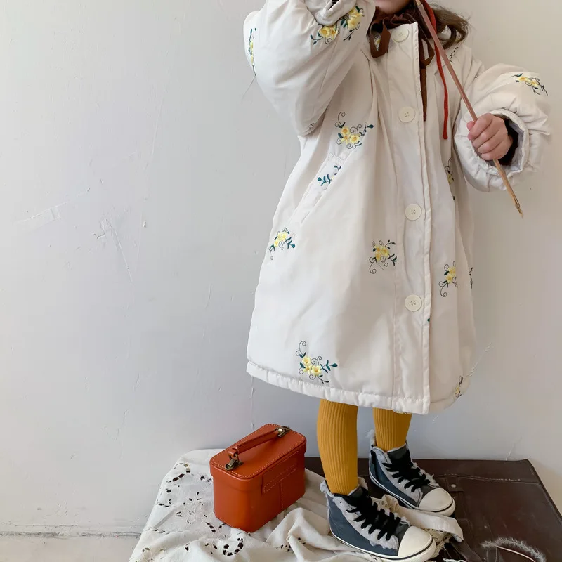 

Winter Jacket For Girls' Cotton-Padded Clothes Warmth Thick Coat Embroidered Flowers Children'S Clothing Overalls For Girls