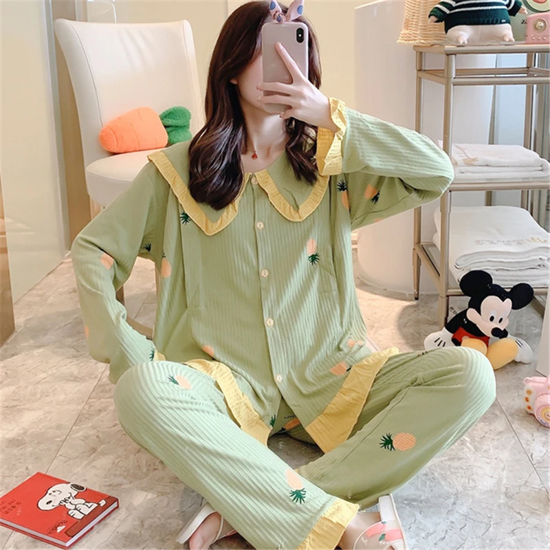 

Korean pajamas autumn cotton breathable confinement clothes pregnant women pajamas loose breastfeeding nursing home suit pijamas