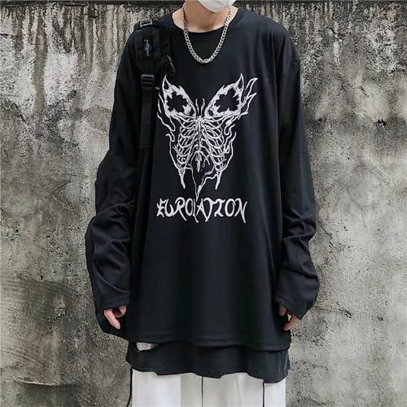 

T-shirt Men's And Women's 2021 Korean High Street Style Butterfly Letter Printing Loose Long Sleeve T-shirt Men's And Women's