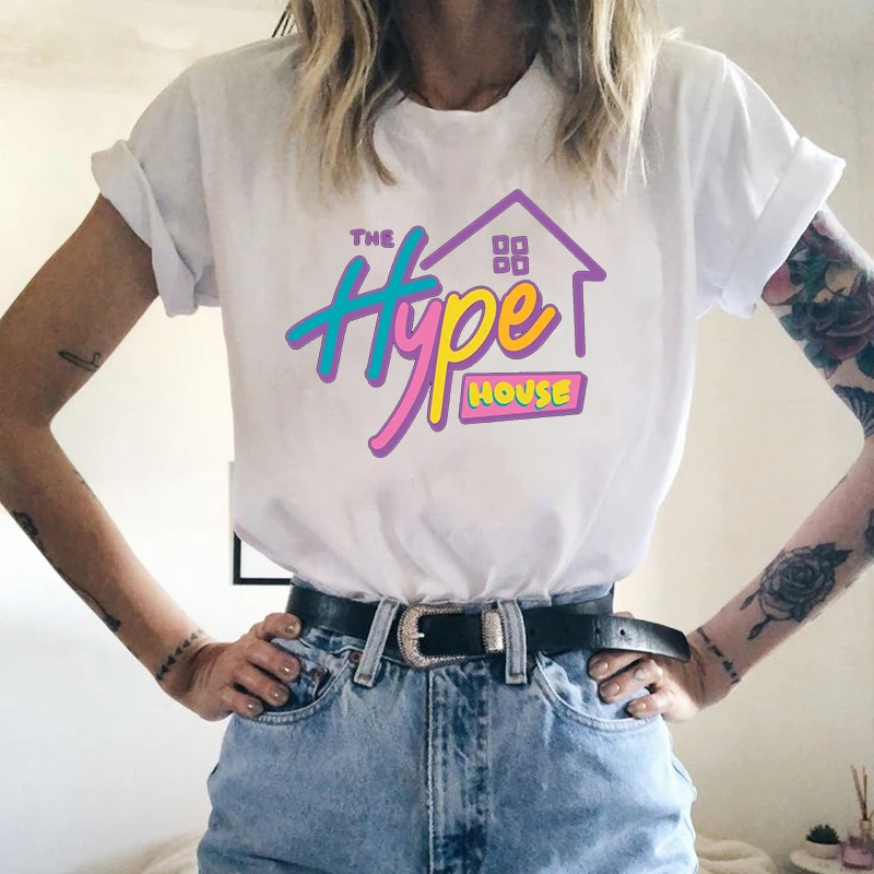 Футболка с принтом The Hype House для женщин хлопковая Повседневная рубашка коротким