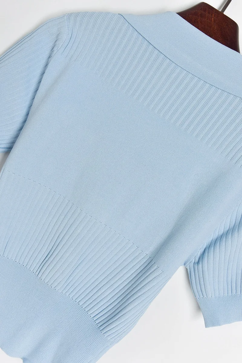 

2020 Summer V-neck Elegant 2 Pieces Set Women Short Sleeve Sweater Preal Buttons Shirt+Mini Skirt Runway Brand Knitted Suits