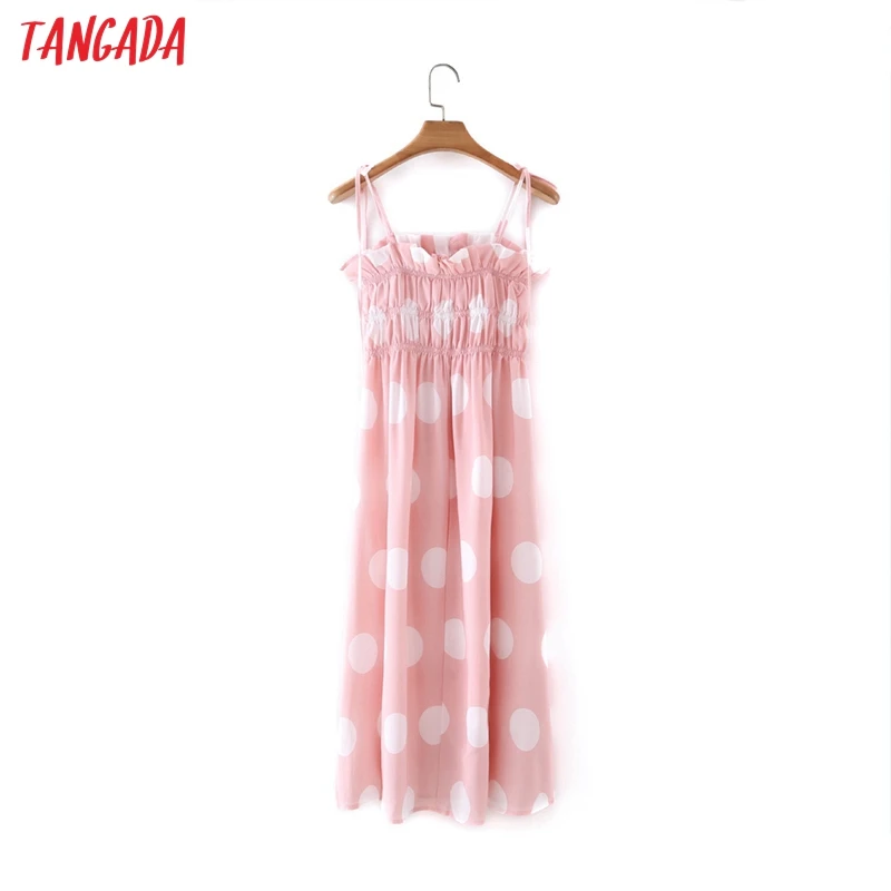 

Tangada 2021 Fashion Women Pink Dots Print Strap Bow Dress Sleeveless Backless Back Female Casual Beach Dress 7Y13