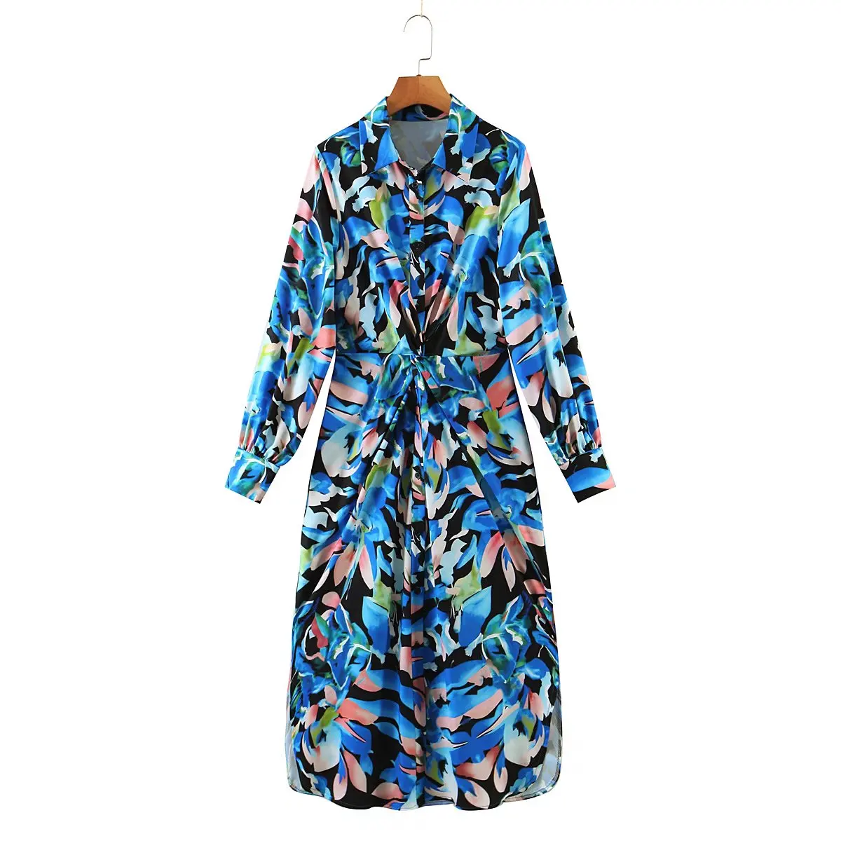 

2022 Fashion Women Flowers Print Shirt Dress Bow Long Sleeve Office Ladies Midi Dress With Slash