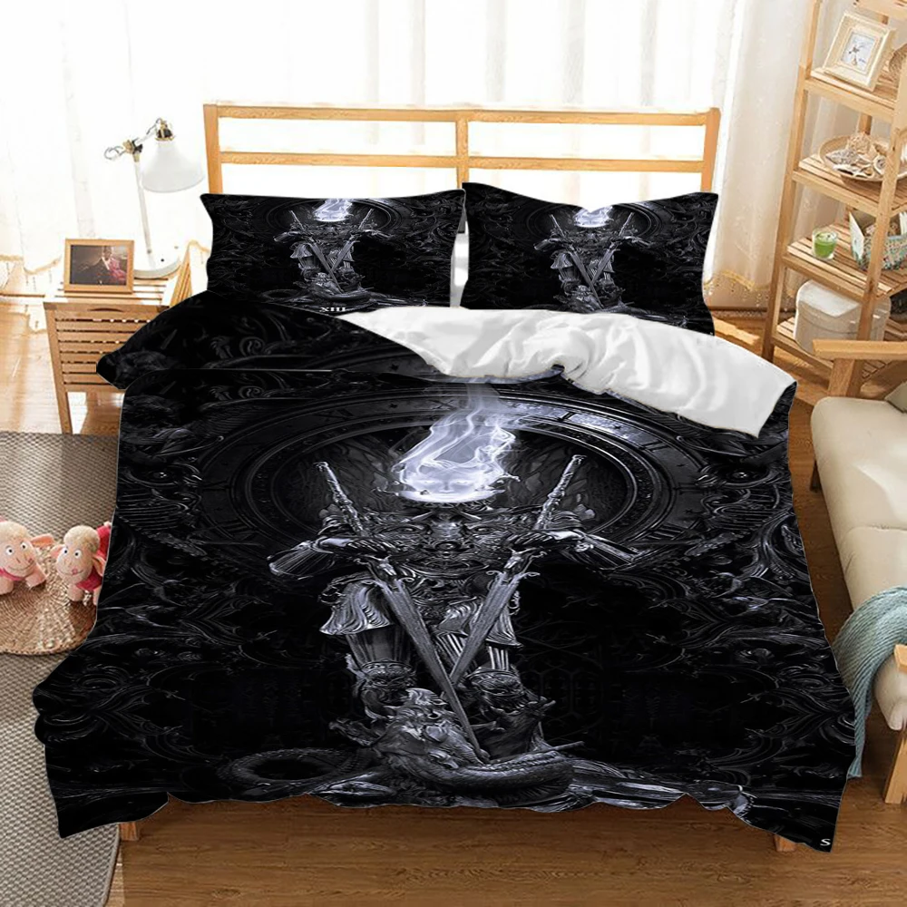 

Бесголовая скульптура хормена продавец поставляет трехкомпонентное двойное одеяло на кровать с цифровой печатью