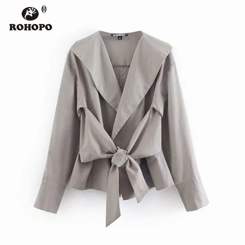 ROHOPO/Осенняя Женская куртка с зазубренным воротником и баской на шнуровке серая