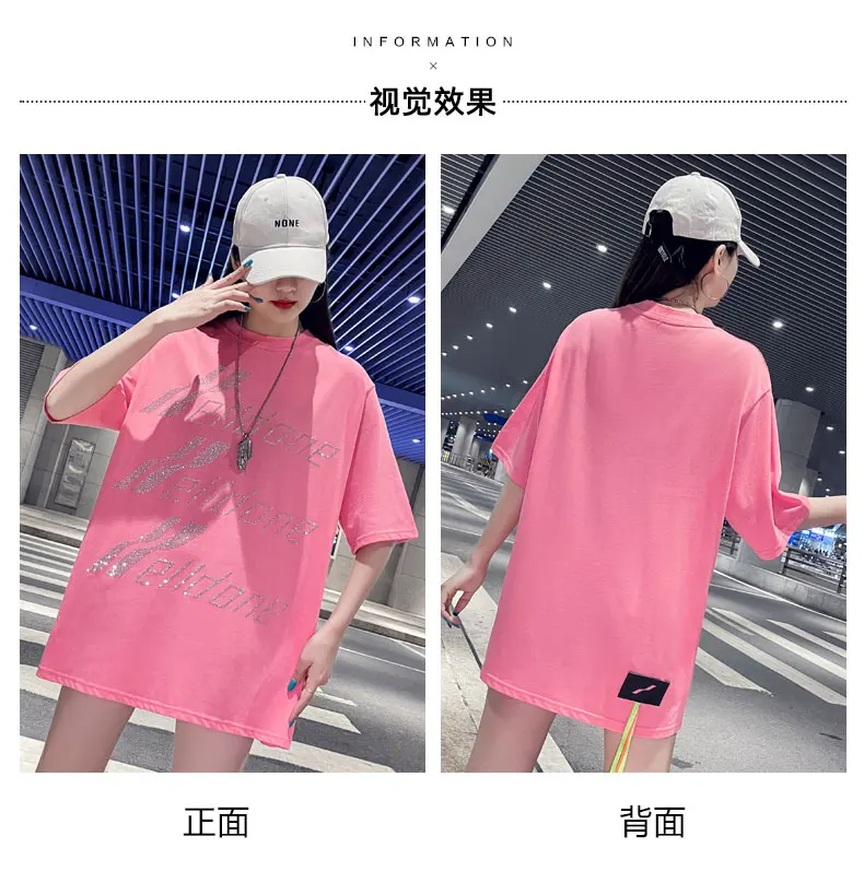 

2021 Summer Ins Pink Rhinestone Female Short Sleeve T-shirt Women European Fashion Mid-Length Tops New Fashion Pullover Tees