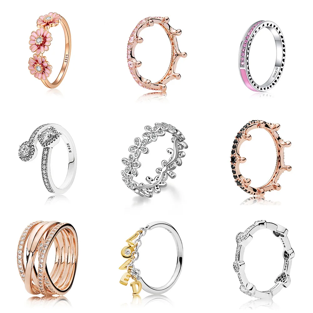 

925 Sterling Silver Ring Beautiful Flower Rose Gold Pink Cz Letter Loved Women Finger Ring For Women Wedding Party Jewelry