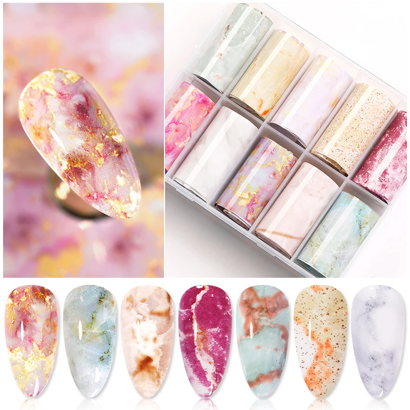 

1 Box Marble Design Foils Nail Set Transfer Sticker Kit Flower Adehesive Paper Wraps Nail Art DIY Tips Slider Papers Decoration