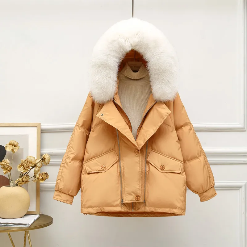 

Winter Oversized Feather Down Jacket Women Hooded Large Fur Collar White Duck Down Coat Female Loose Korean Parkas Snow Outwear