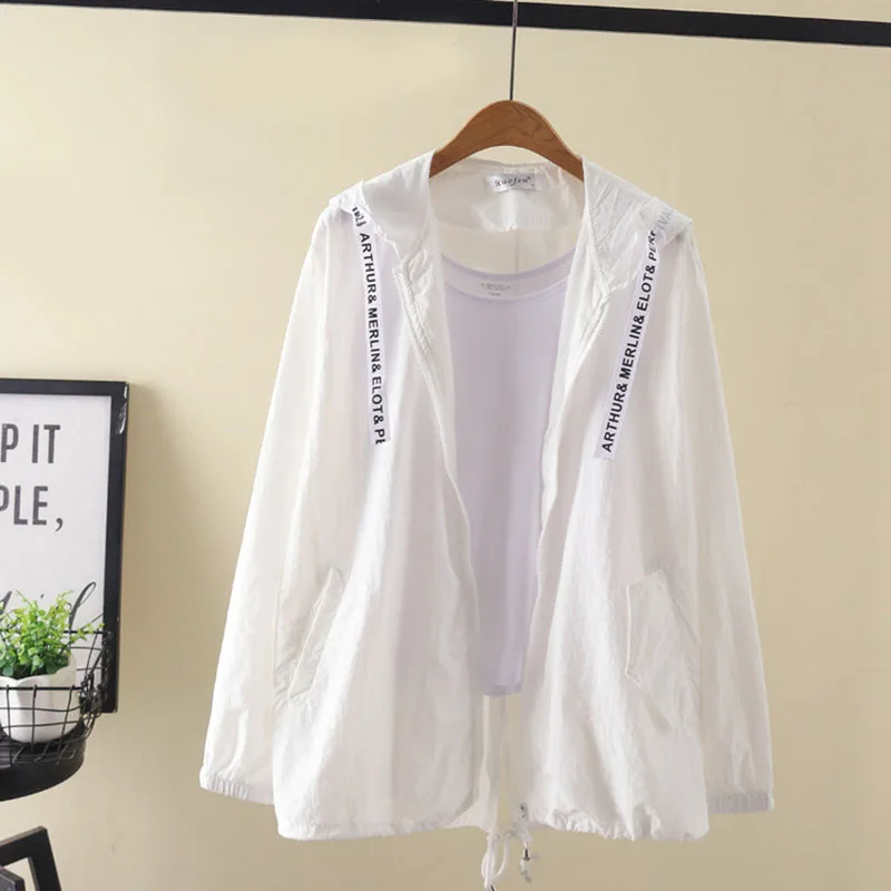 

Summer Sun Protection Clothing Women Drawstring Casual Simple White Letter Zip Fashion Loose Long Sleeves Quick Dry Thin Outwear