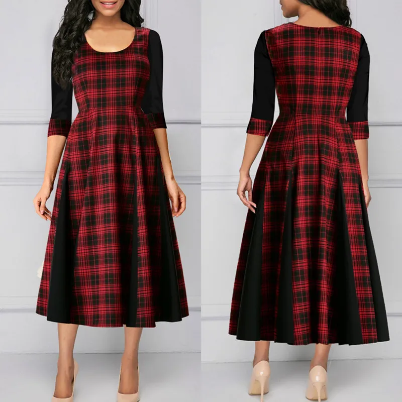

3XL 4XL 5XL Women Vintage Plaid Ball Gown Dress 3/4 Sleeve Plus Size New Autumn 2021 Patchwork Mid Long Dresses Robe Femme