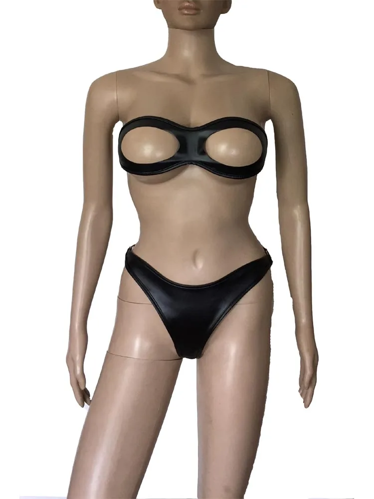 

Women Faux Leather 2pcs Bikini Body Harness Bodysuit Cupless Strapless Bra Top with G-String Mistress Role Play Fetish Costume
