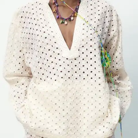 Женская летняя одежда, универсальная элегантная рубашка с V-образным вырезом и вышивкой